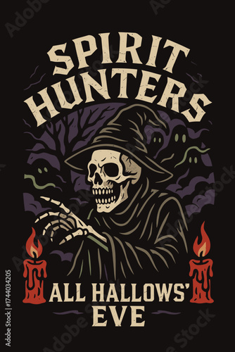 Spooky skeleton in witch hat, spirit hunting on All Hallows' Eve, vintage art.