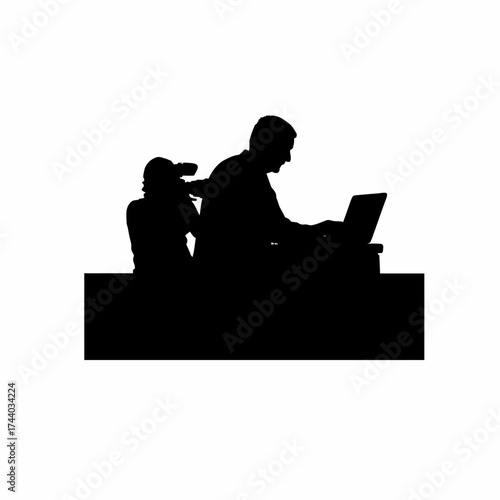 Journalist typing on laptop silhouette isolated on white background