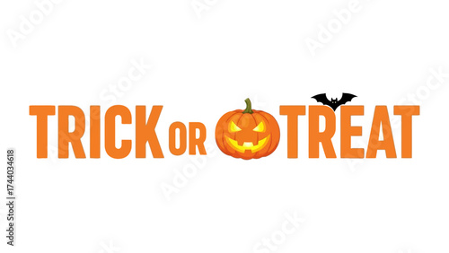Halloween Greeting: A festive Halloween greeting, with a grinning pumpkin and a silhouetted bat, conveys the spirit of Trick or Treat, inviting the spooky and fun.