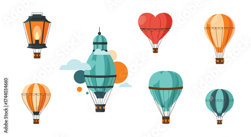 A collection of whimsical hot air balloons and lanterns floats across the sky.