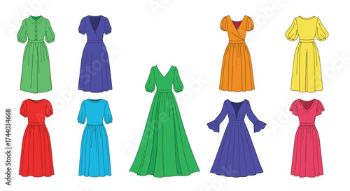 A colorful collection of elegant women's dresses.