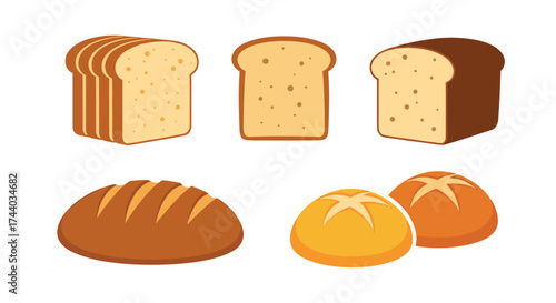 A collection of freshly baked bread loaves and rolls.
