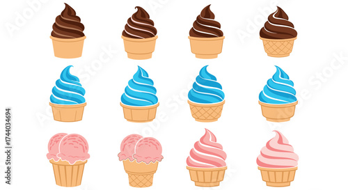Collection of various delicious soft serve ice cream cones in different flavors and colors.