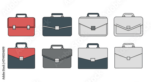 A collection of eight different briefcases arranged in two rows.