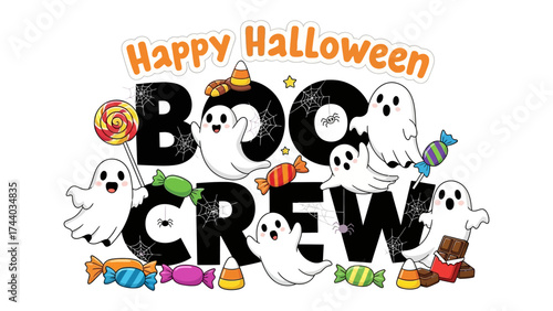 Happy Halloween BOO CREW: Whimsical cartoon ghosts form a cheerful BOO CREW surrounded by candy. Perfect for spreading festive holiday spirit. 