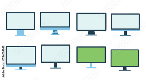 Eight different computer monitors display screens with various stands and colors including green.