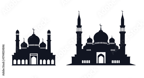 Silhouette of two Islamic mosques with domes and minarets.