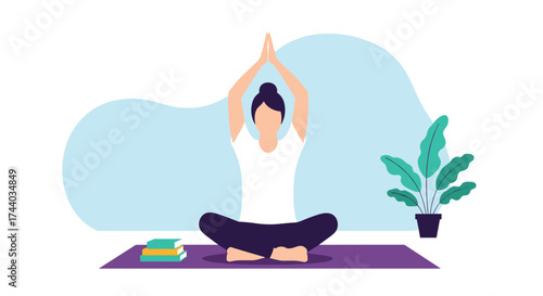 A woman sitting in a meditation pose with hands above her head