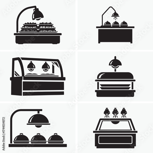 Different buffet food warming stations and food warmer showcase black silhouettes against white backdrop