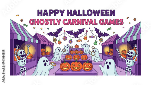 Happy Halloween Carnival: An inviting Halloween carnival scene, complete with spooky ghosts, carved pumpkins, and festive decorations, promising a delightful blend of fright and fun for the season.