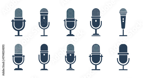 A collection of retro and modern microphone icons for audio recording and broadcasting.