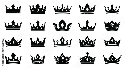 Collection of diverse royal crowns and symbols of power.