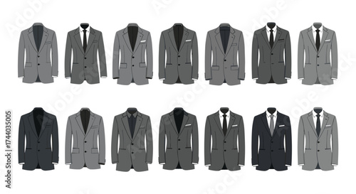 A collection of pixel art formal suits and blazers in varying shades of gray and black.