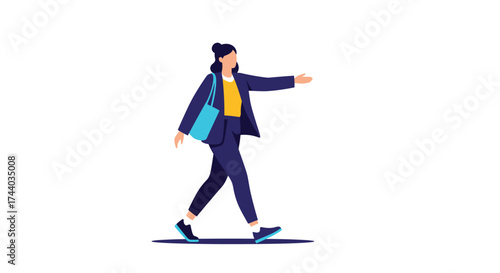 A woman in a suit walks while holding a bag.