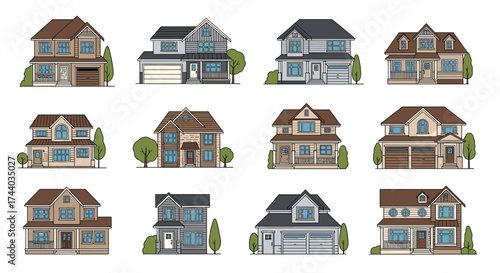 A collection of different pixel art houses and residential buildings.