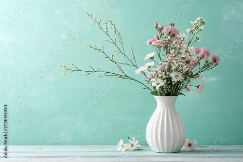 Elegant Floral Arrangement: A stunning arrangement of delicate blooms gracefully adorns a minimalist white vase, placed against a soft turquoise background.