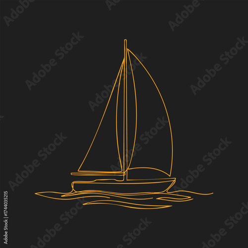 Elegant sailboat with a single mast and curved sails gliding across calm waters under a dark sky, emphasizing nautical adventure and tranquility