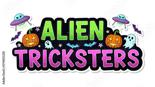 Alien Tricksters Halloween Fun: A vibrant and whimsical Halloween illustration featuring playful aliens, jack-o'-lanterns, bats, and ghosts.