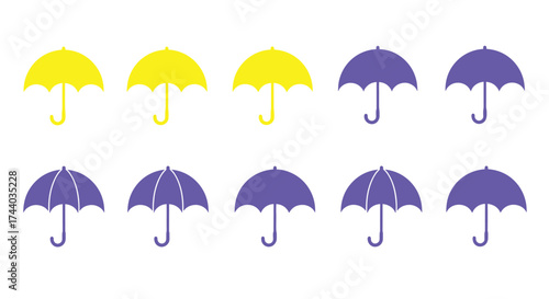 Counting umbrellas in yellow and purple colors. This is a simple counting exercise.