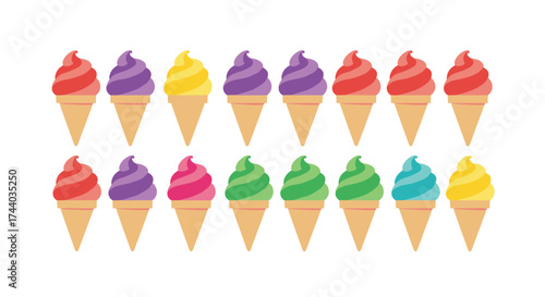 An assortment of colorful ice cream cones arranged in two rows.