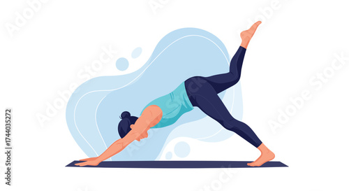 A woman practices yoga in a downward facing dog pose.