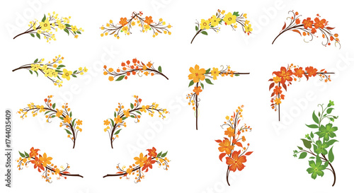 Decorative floral branches and corner elements with yellow and orange blooms.