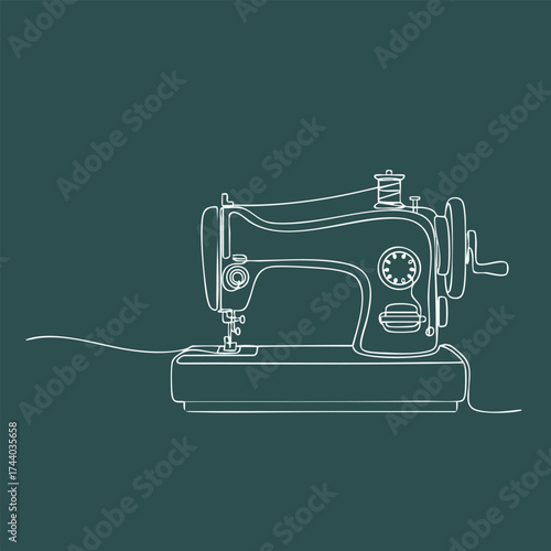 Minimalist line drawing of a vintage sewing machine on a solid dark with detailed components and textured elements