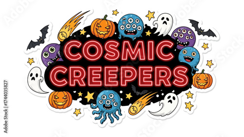 Cosmic Creepers Halloween Illustration: A delightful illustration showcasing a collection of cosmic themed characters including pumpkins, alien creatures, ghosts, comets, bats, and stars.