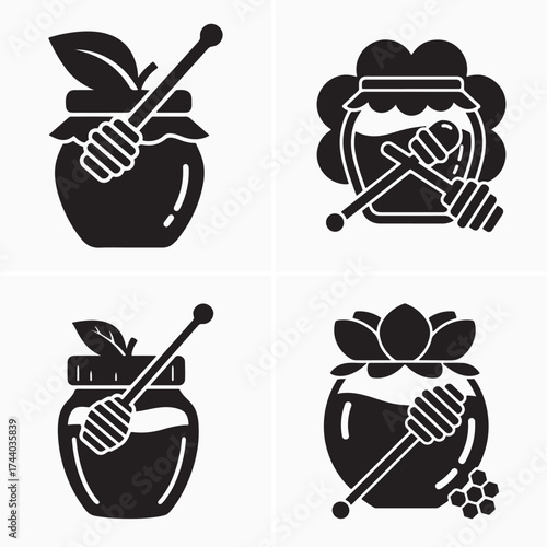 Four black honey jar icons with dippers showcase diverse lid designs