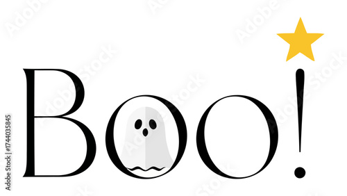 Spooky Boo! Greeting: A playful and ghostly Boo! greeting with a charming star symbol and simple illustration, perfect for Halloween or any fun-filled occasion. 
