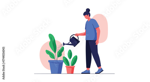 A person waters plants in their home garden with a watering can.