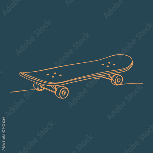 Minimalist Line Drawing of a Skateboard with Wheels on a Solid