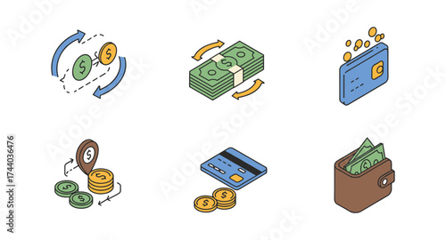 Isometric money and finance icons featuring cash, coins, and credit cards