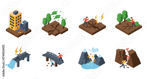 Isometric natural disasters: earthquake, landslide, tsunami, storms
