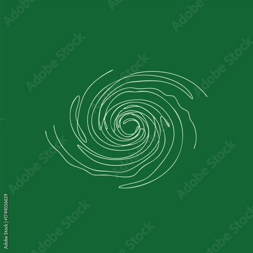 Minimalist white spiral pattern on dark green creating a sense of motion and depth in abstract design