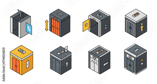 Isometric elevator icons set: modern collection of lifts, doors, and arrows