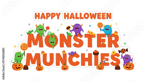 Monster Munchies: Colorful monsters happily enjoy a feast of treats amidst a cheerful Happy Halloween display, perfectly capturing the spirit of the spooky season. 