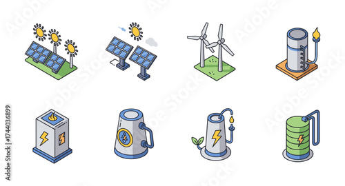Isometric renewable energy icons: solar panels, wind turbines, sustainable technology