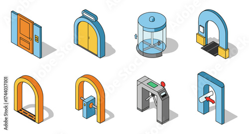Isometric icons of doors and security gates in vibrant colors for modern design
