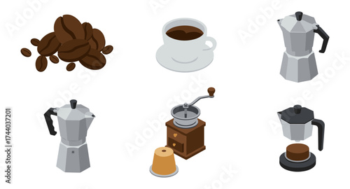 Isometric coffee set: beans, cup, vintage grinder, and moka pots in minimalist style