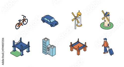 Colorful isometric illustrations of transportation, architecture, and travel scenes