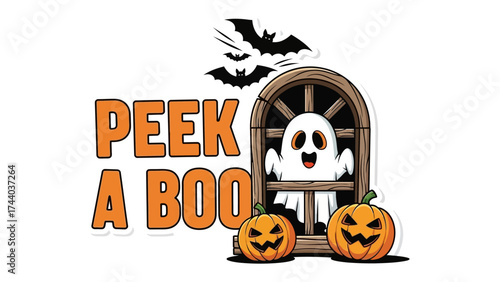 Spooky Peek-a-Boo: A cute ghost peeks out from a window, with bats flying above and two jack-o'-lanterns completing this playful Halloween scene.