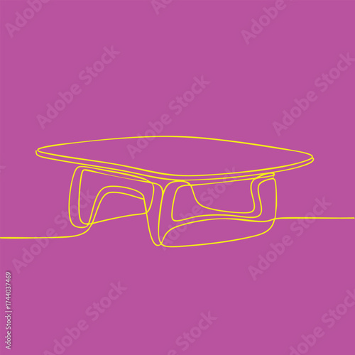 Minimalist continuous line drawing of a modern desk with a smooth and curved legs on a vibrant purple