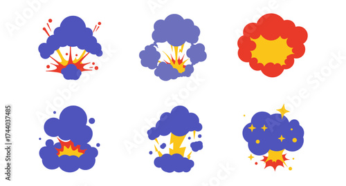 Colorful cartoon explosion set with clouds and stars on white background