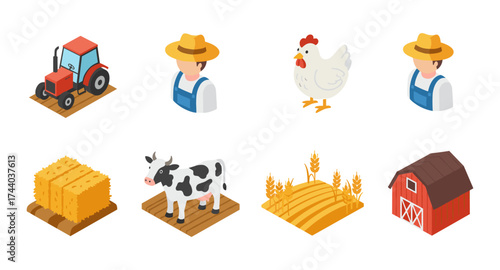 Colorful isometric farm icons featuring animals, crops, and equipment