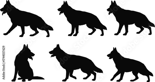 German Shepherd dog silhouette vector, multiple walking standing sitting poses, black canine outline illustration, pet animal posture clipart, guard dog breed design