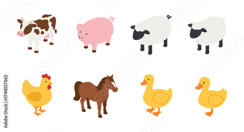 Farm animals collection with cow, pig, sheep, chicken, horse, and duck in isometric style