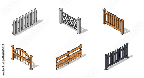 Isometric wooden and metal fences collection with shadows