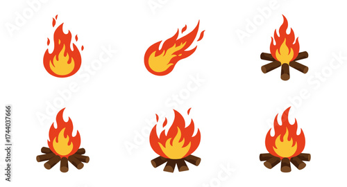 Collection of campfire and fire icons in vibrant cartoon style for outdoor and camping designs
