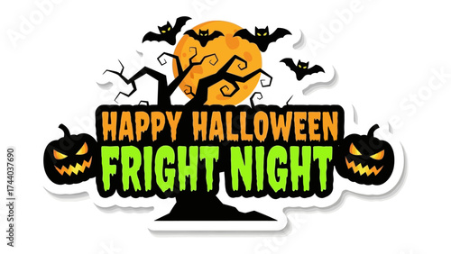 Spooky Halloween Night: Spooky Halloween-themed design, featuring bats, moon, tree and pumpkin.